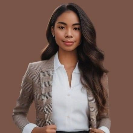 Professional woman in a plaid blazer and white shirt against a brown background.